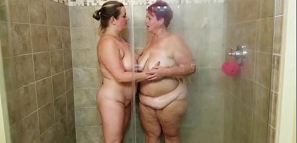  Two BBWs in the Shower until the Horny Camera Girl Joins Making it Three BBWs Suzeequebbw and KristinKervzBBW